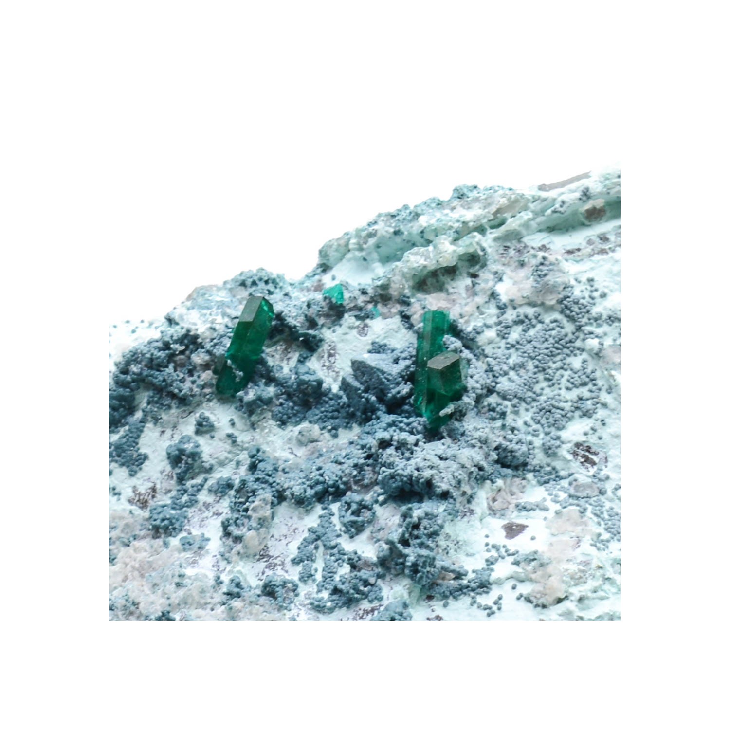 Dioptase on shattuckite - Mindouli, Congo