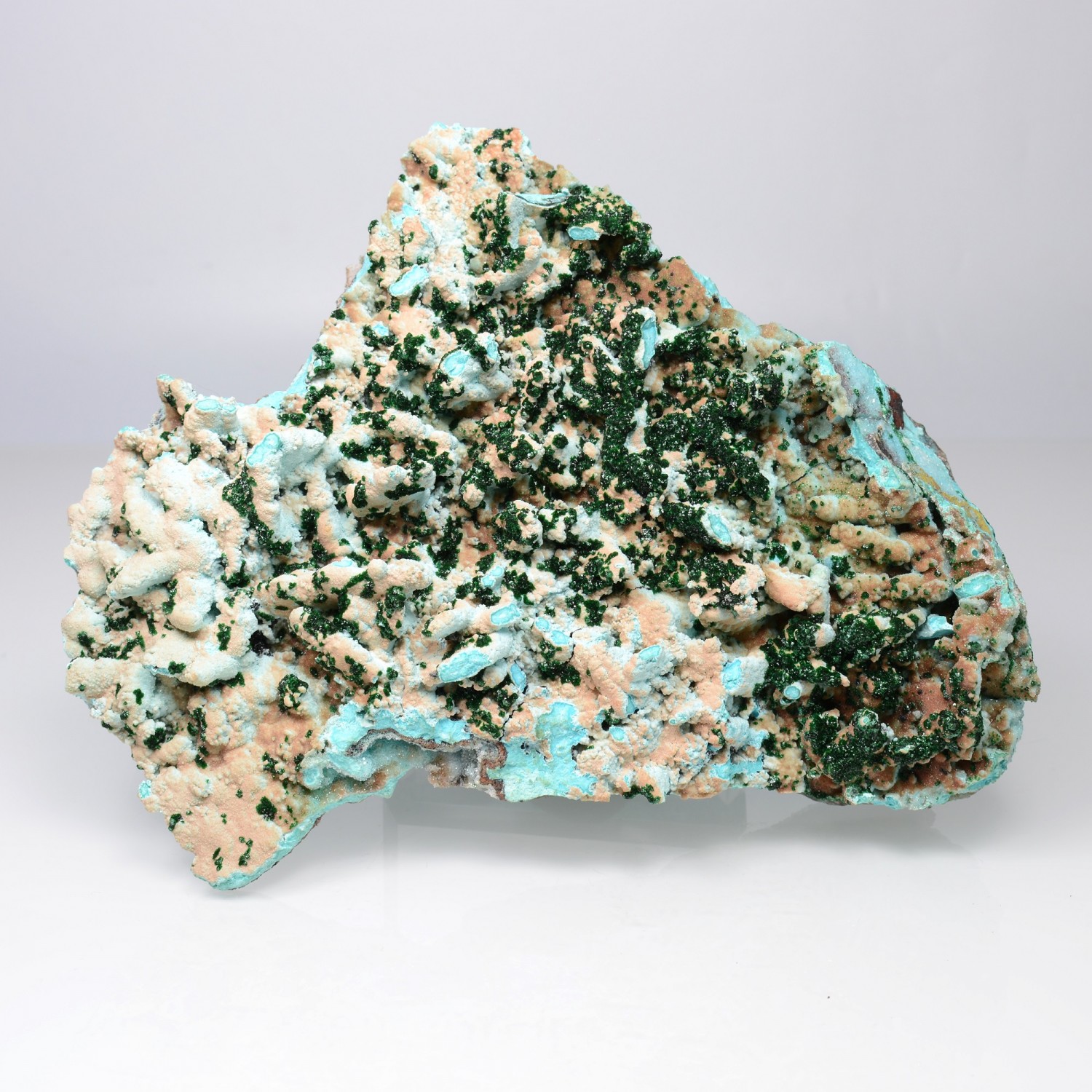 Chrysocolle pseusomorphose après azurite (?), malachite et quartz - Mine Tenke-Fungurume, Katanga, RD Congo