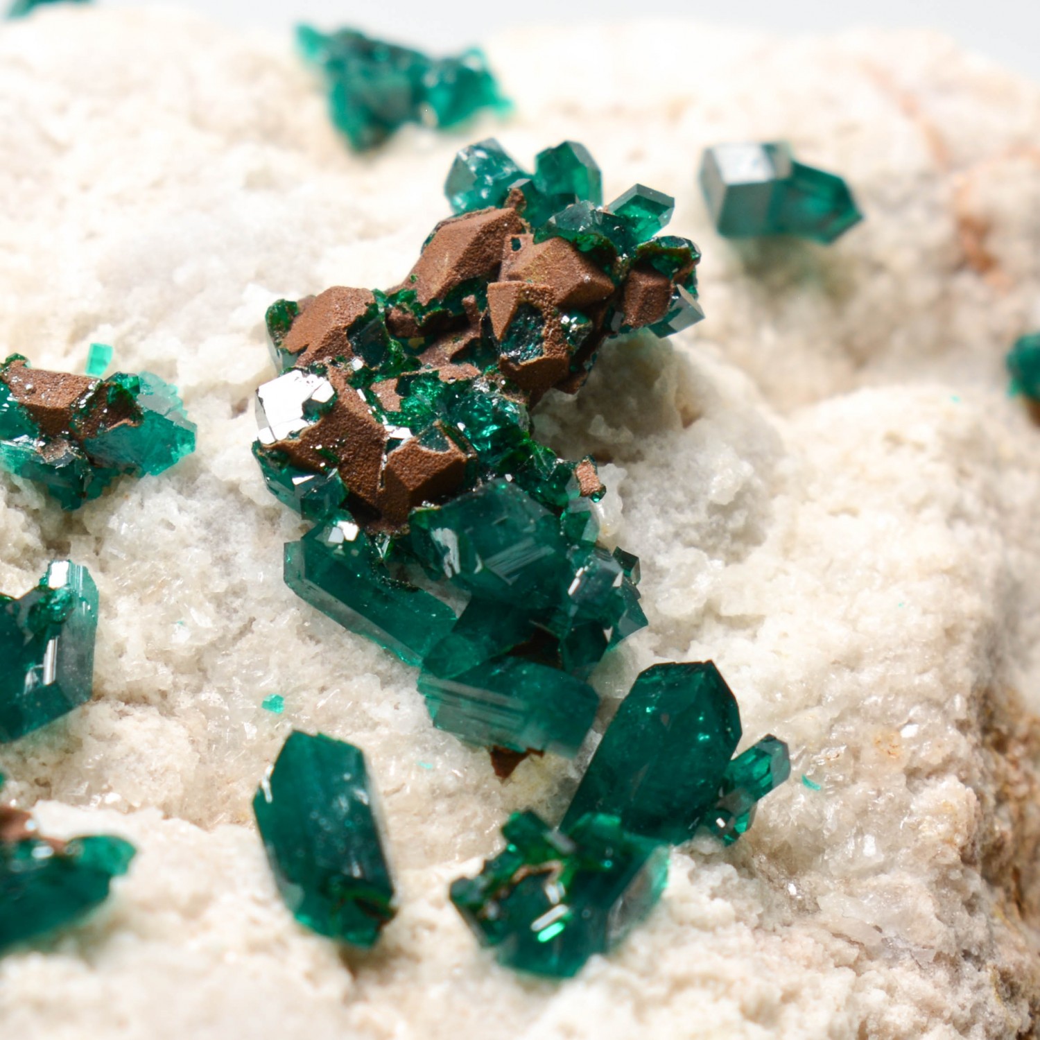 Dioptase on quartz - Sanda, Mindouli, Congo