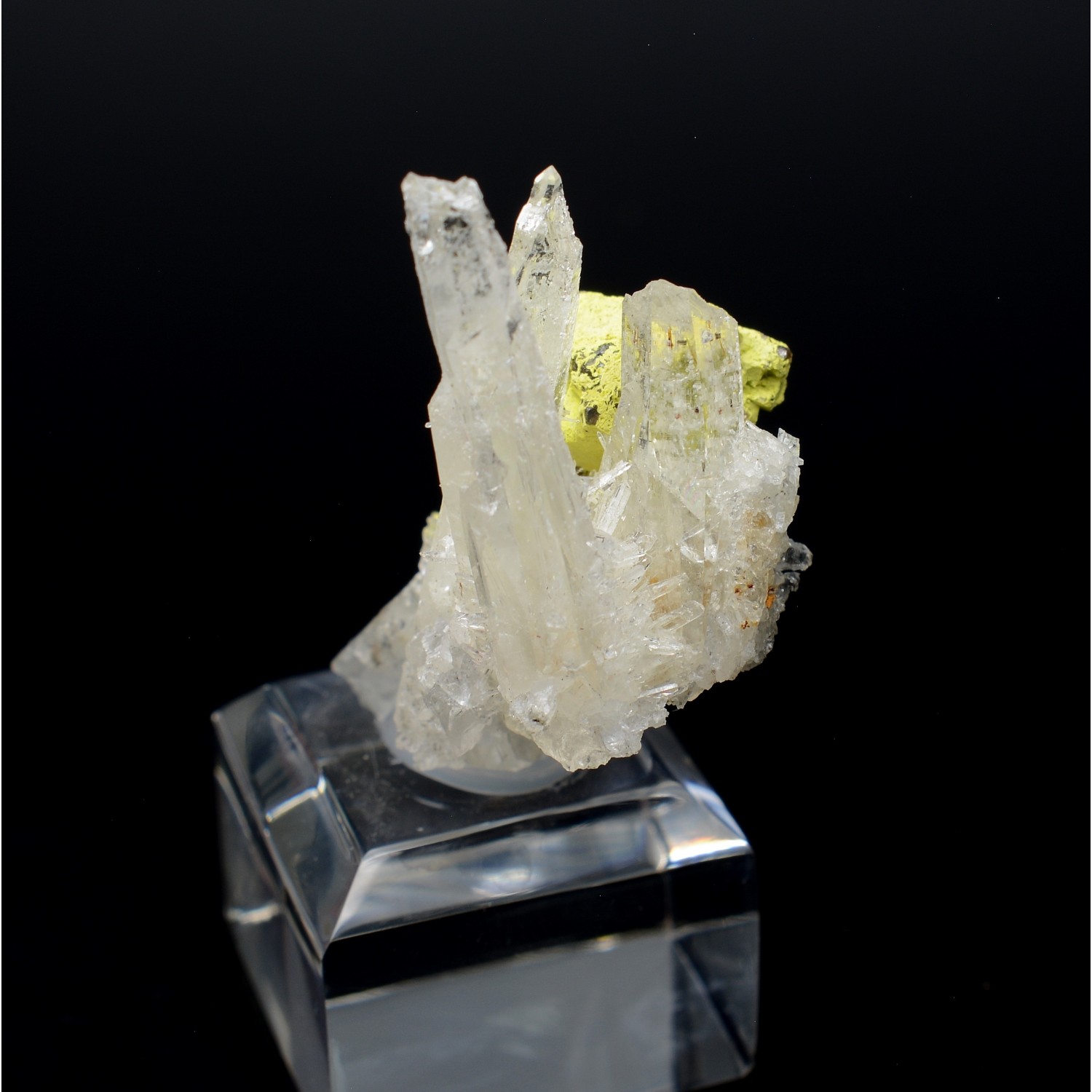 Stolzite sur scheelite, et quartz - Mine Quiruvilca, Santiago de Chuco, Pérou.