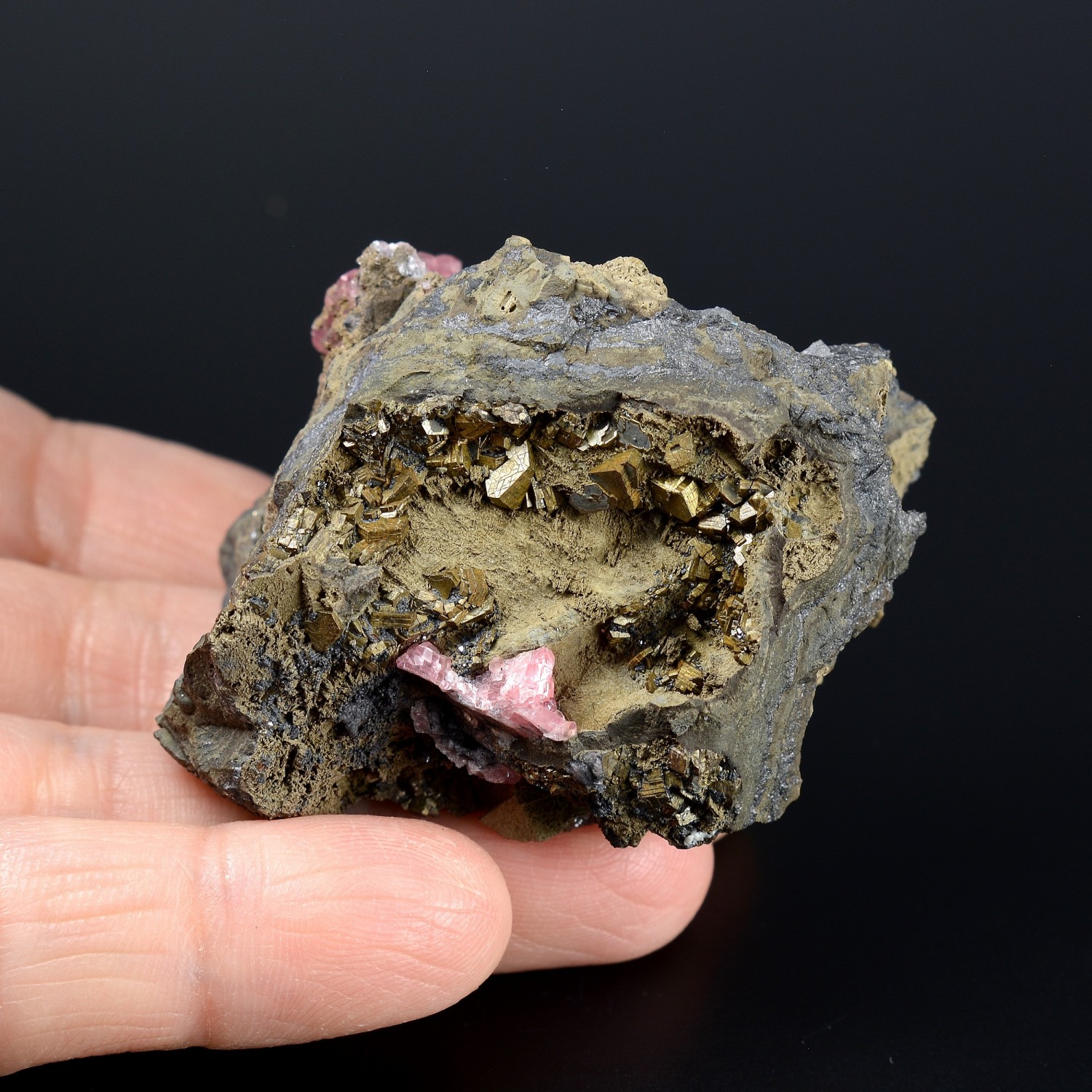 Rhodochrosite and pyrite - Potosi mine, Santa Eulalia, Mexico