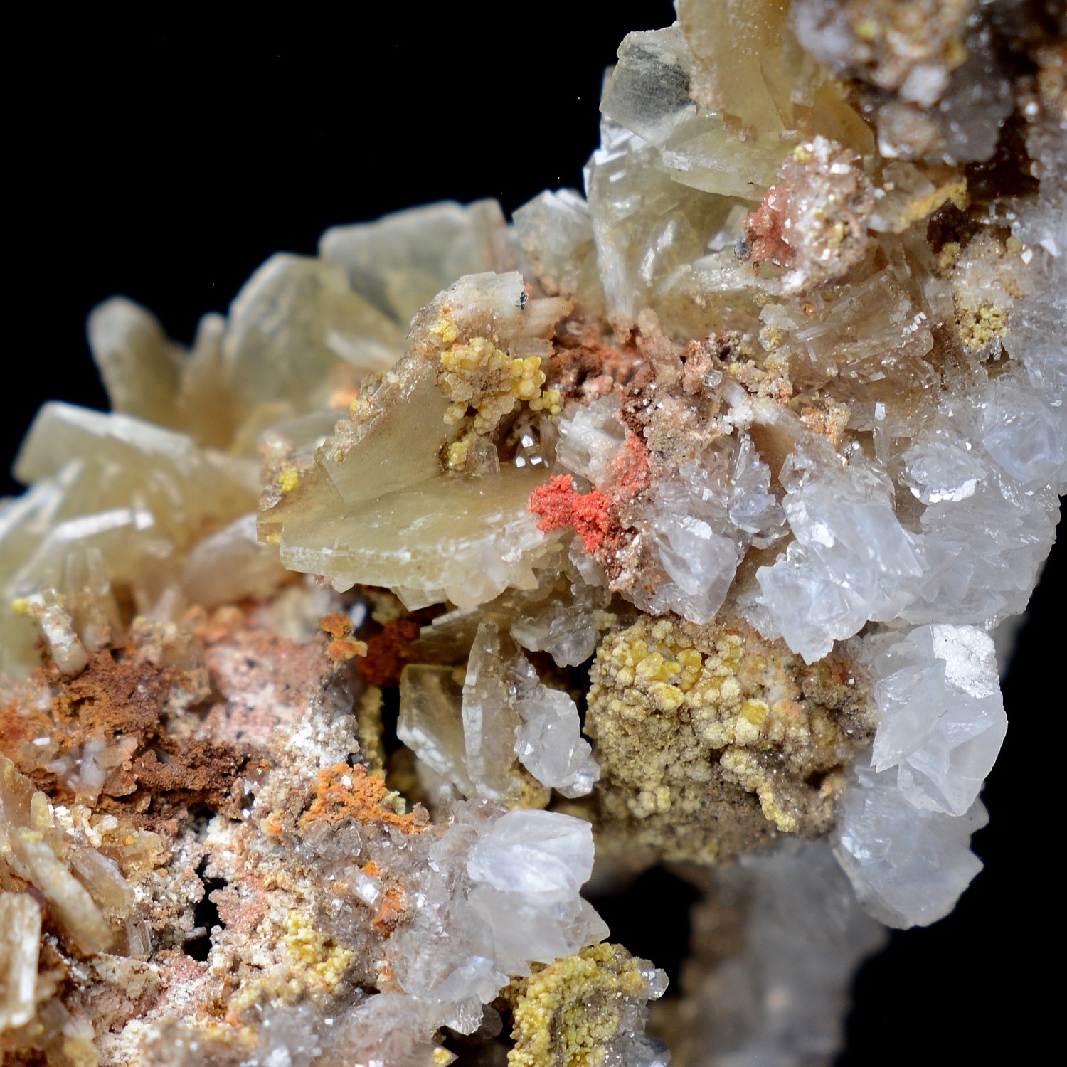 Barite, calcite, mimetite, minium - Chah Milleh mine, Anarak, Isfahan, Persia