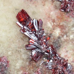 Proustite on calcite - Bouismas mine, Bou-Azzer mining district, Morocco