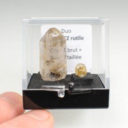 Rutile quartz duo – cut stone and crystallised stone