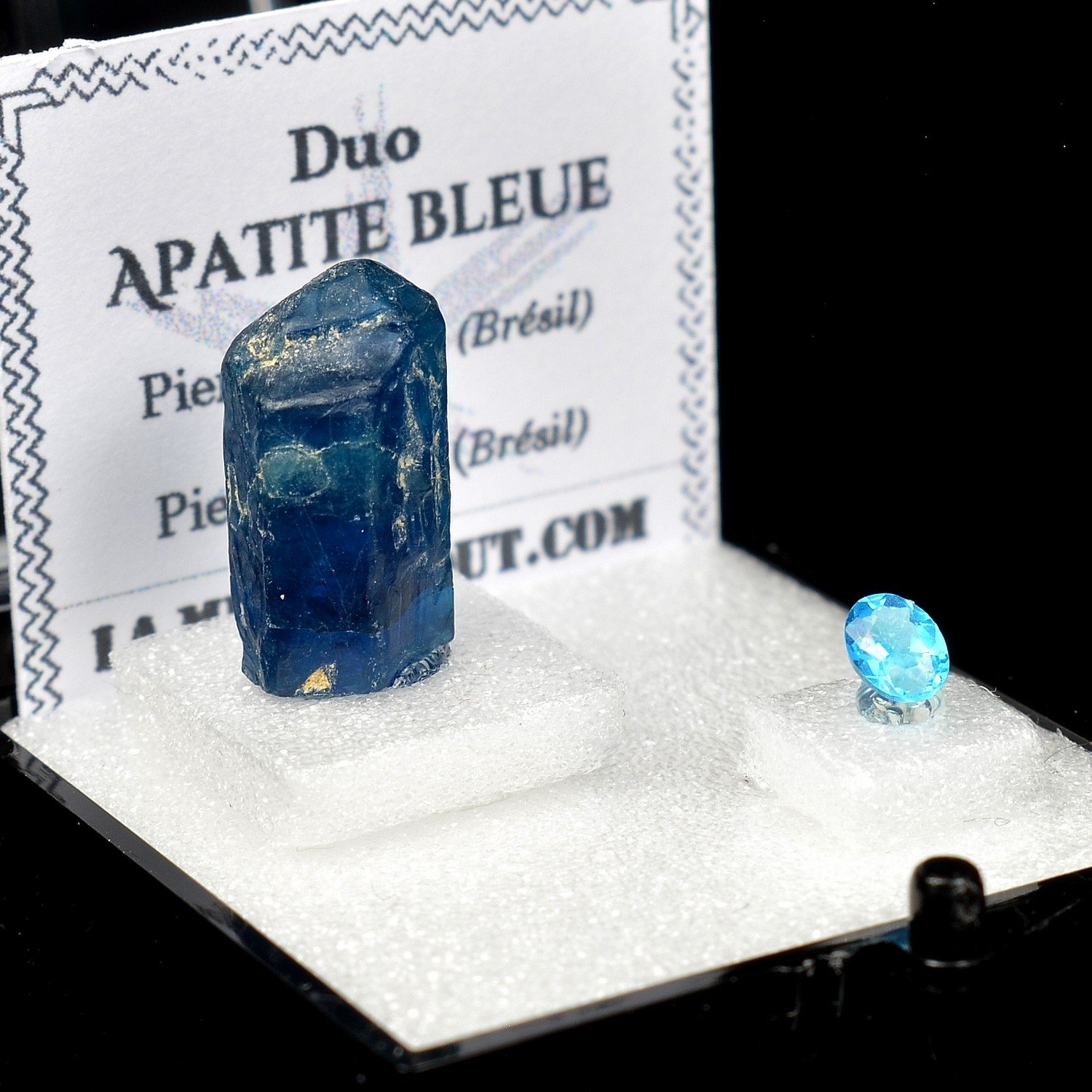 Blue apatite from Brazil - DUO Natural Crystal and Cut Gemstone