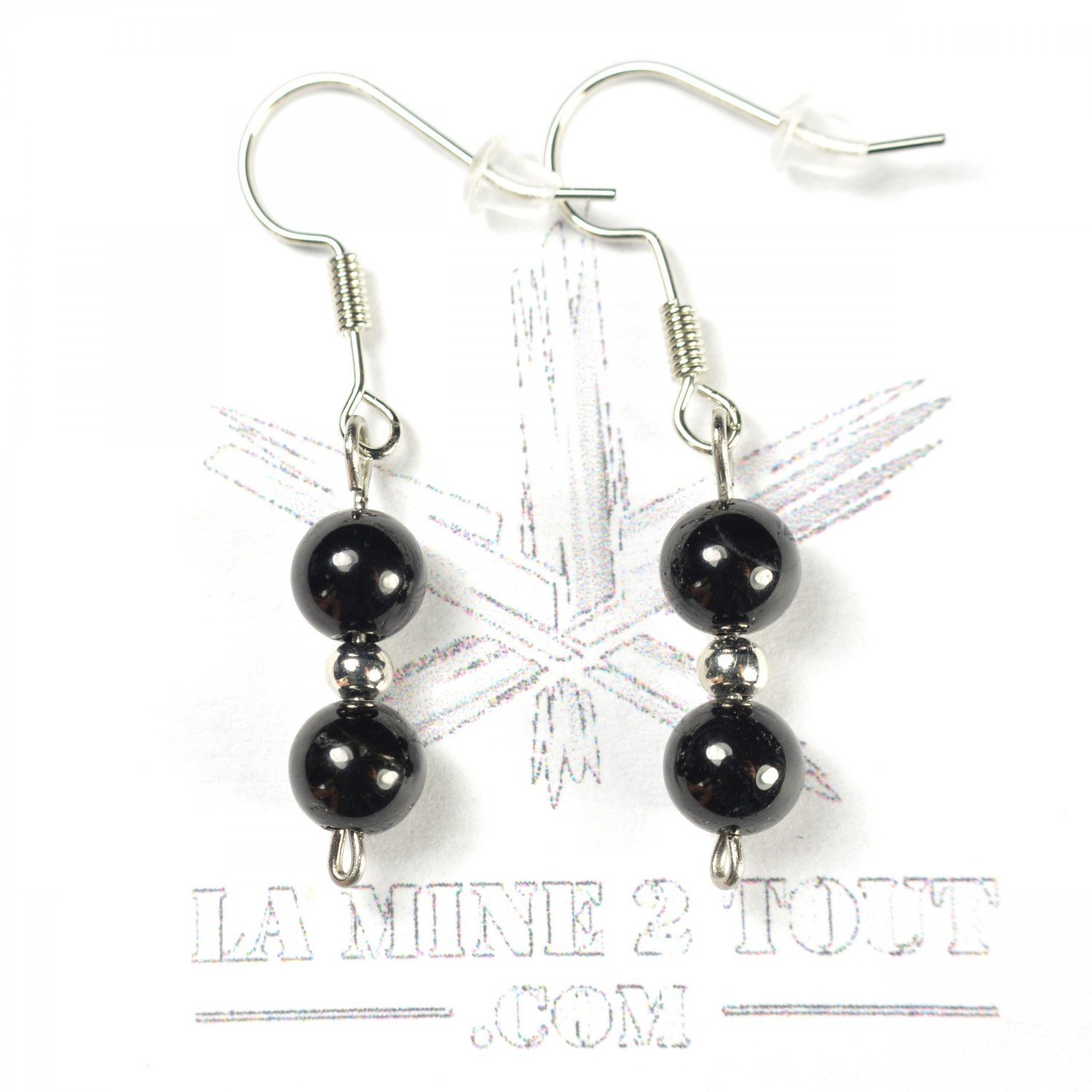 Boucles d'oreilles pendantes en perles 6 mm - Tourmaline noire