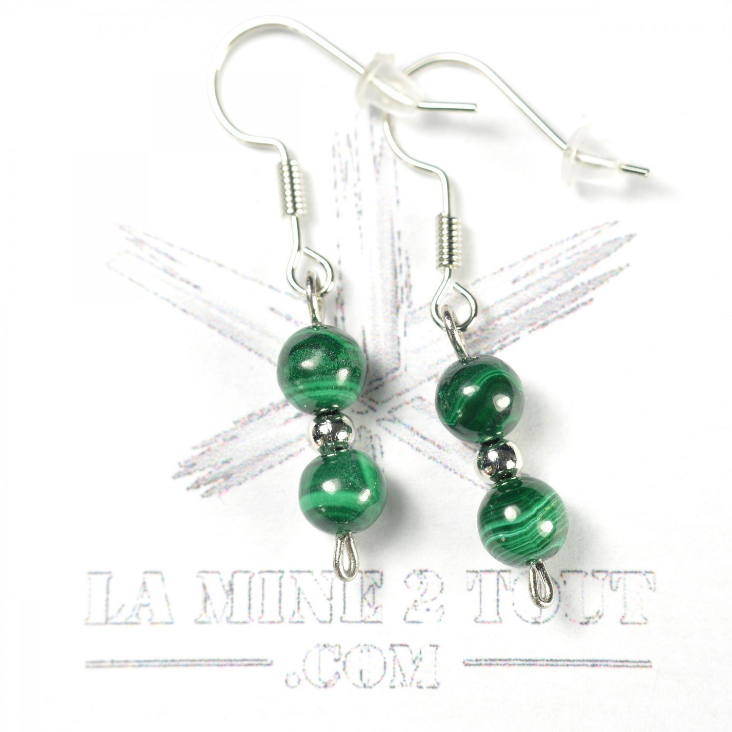 Boucles d'oreilles pendantes en perles 6 mm - malachite