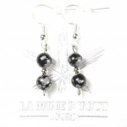 Boucles d'oreilles pendantes en perles 6-7 mm - Obsidienne neige