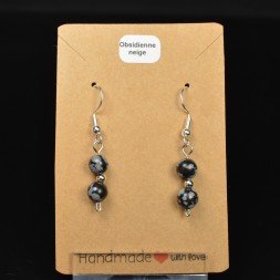Boucles d'oreilles pendantes en perles 6-7 mm - Obsidienne neige