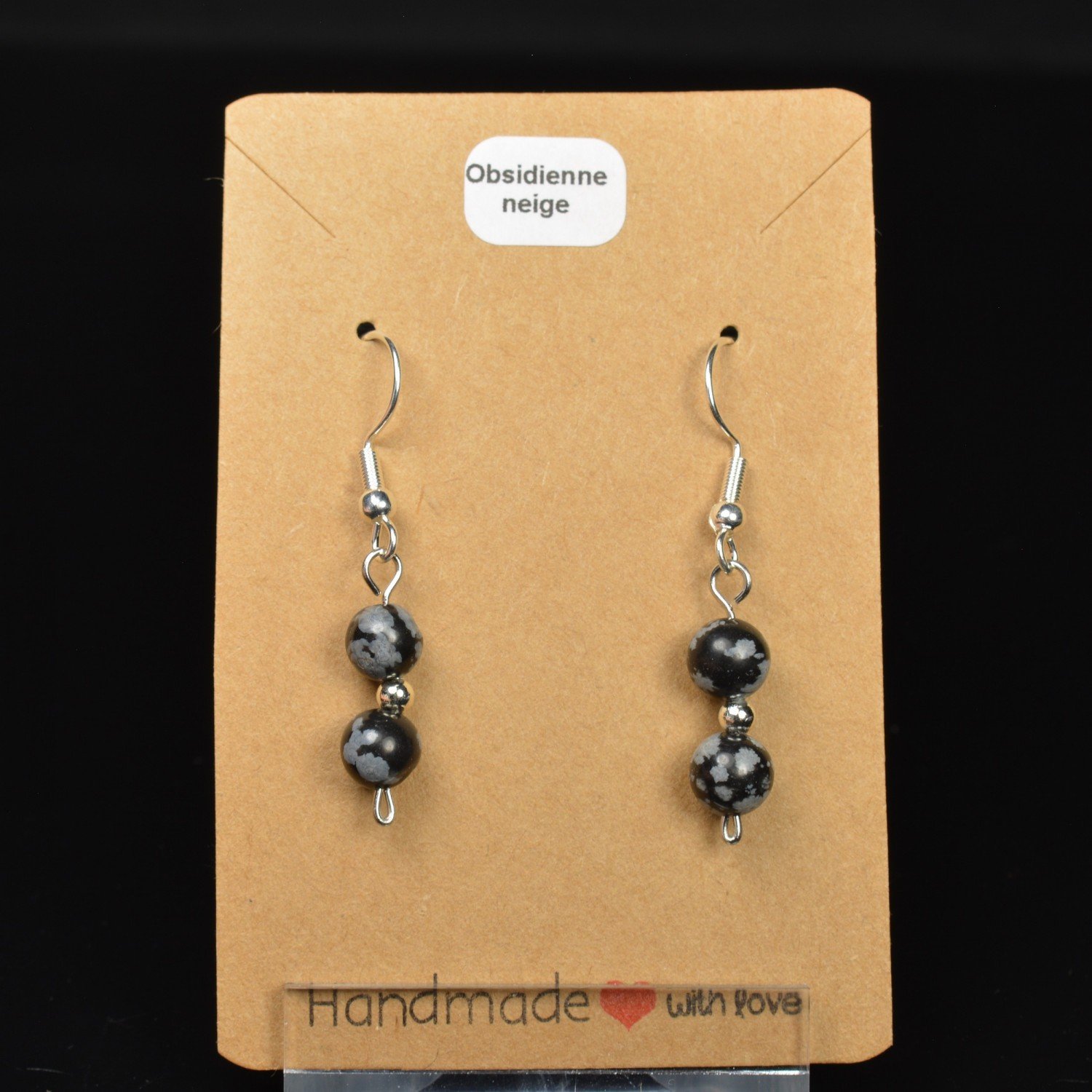 Boucles d'oreilles pendantes en perles 6-7 mm - Obsidienne neige