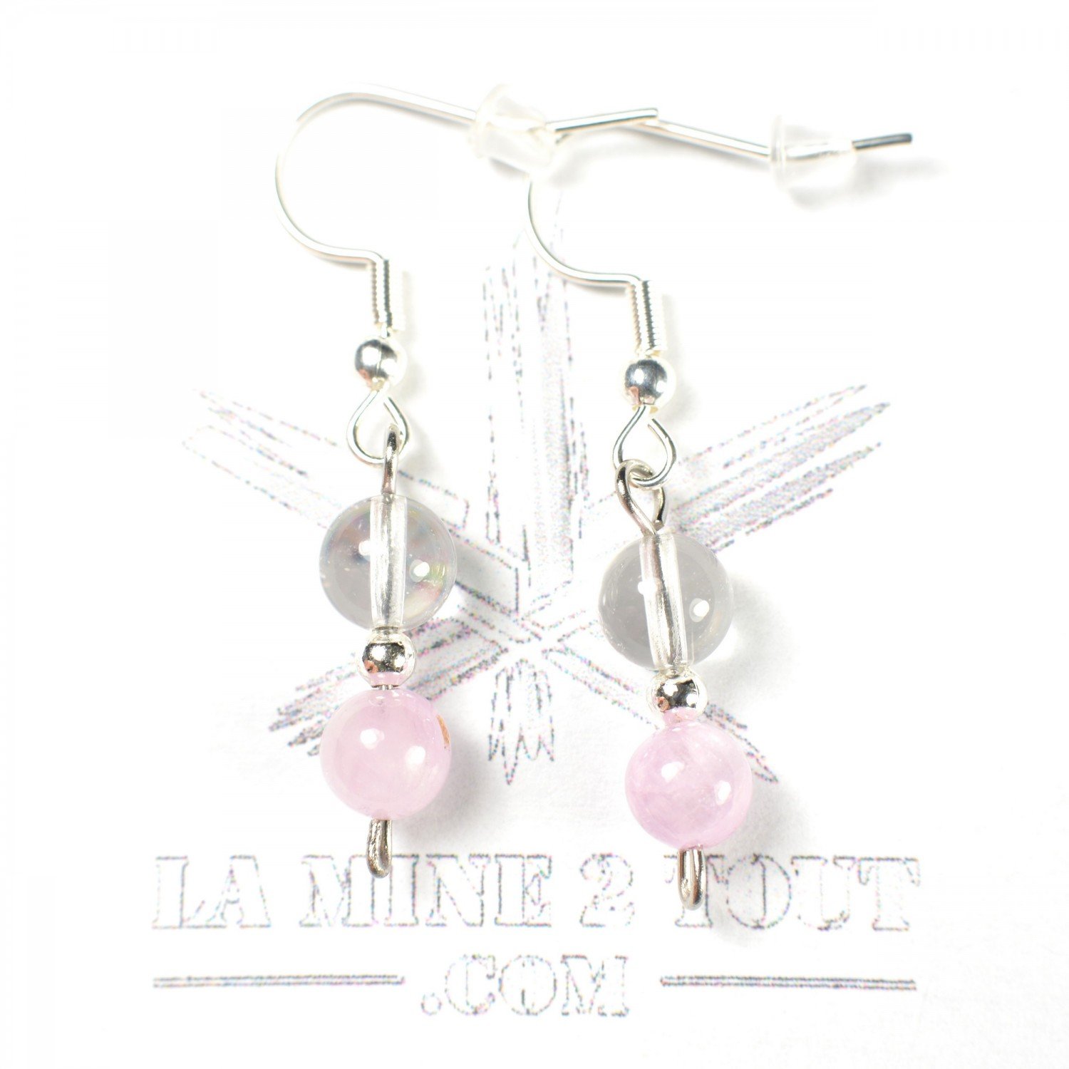Boucles d'oreilles pendantes en perles 6-7 mm - Kunzite & cristal de roche