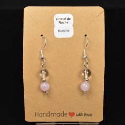 Boucles d'oreilles pendantes en perles 6-7 mm - Kunzite & cristal de roche