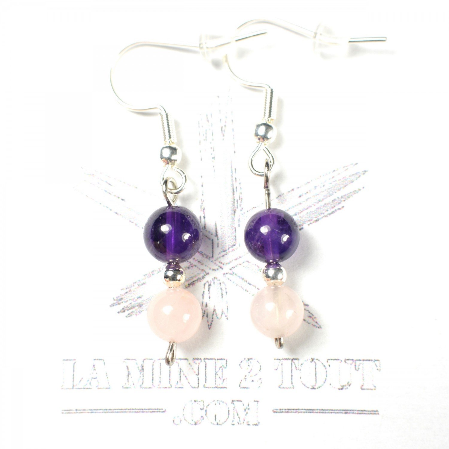 Boucles d'oreilles pendantes en perles 6-7 mm - Améthyste & quartz rose