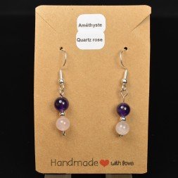 Boucles d'oreilles pendantes en perles 6-7 mm - Améthyste & quartz rose