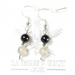 Boucles d'oreilles pendantes en perles 6-7 mm - Tourmaline noire & labradorite