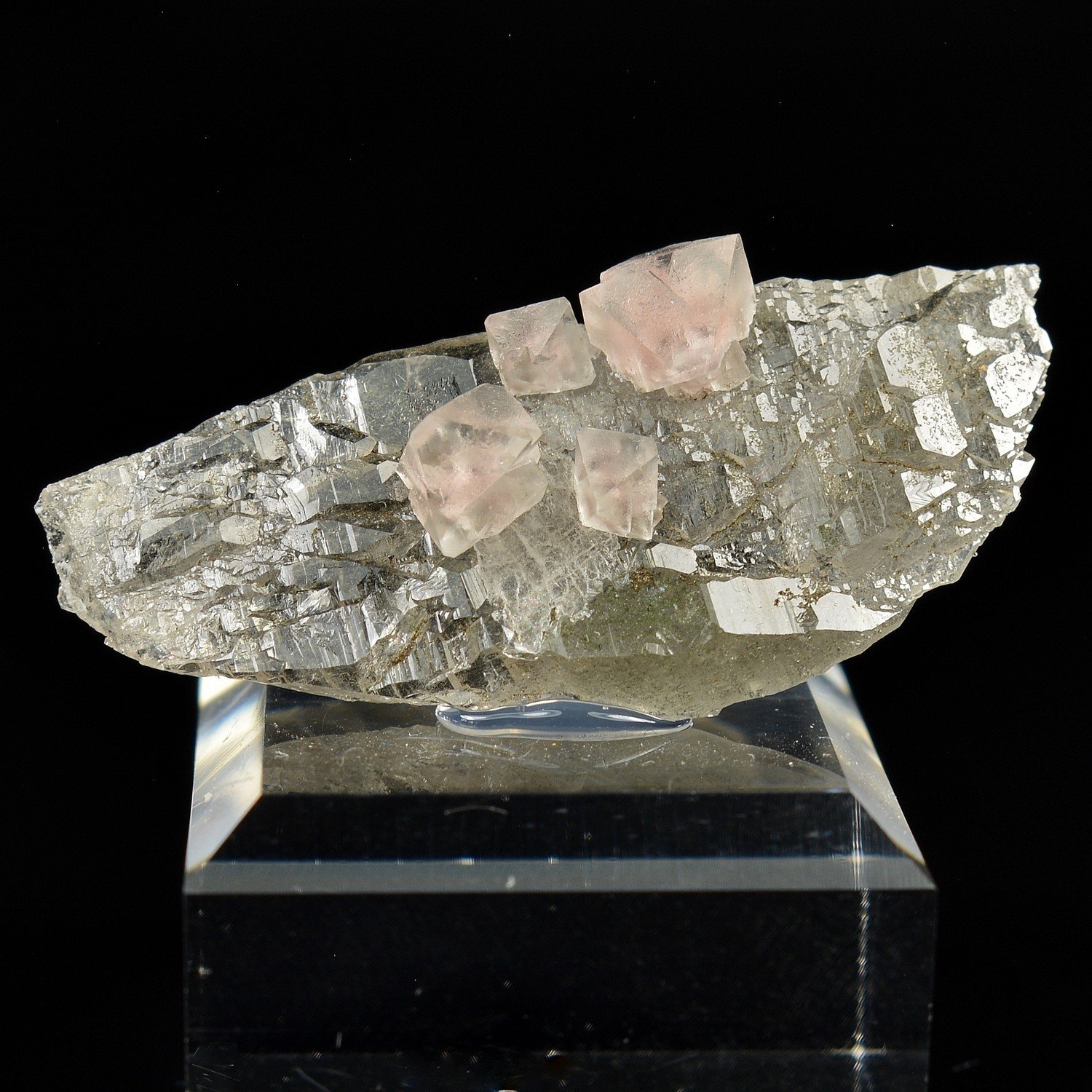 Fluorite rose sur quartz - Aiguille du Moine, Massif du Mont-Blanc, Haute-Savoie, France