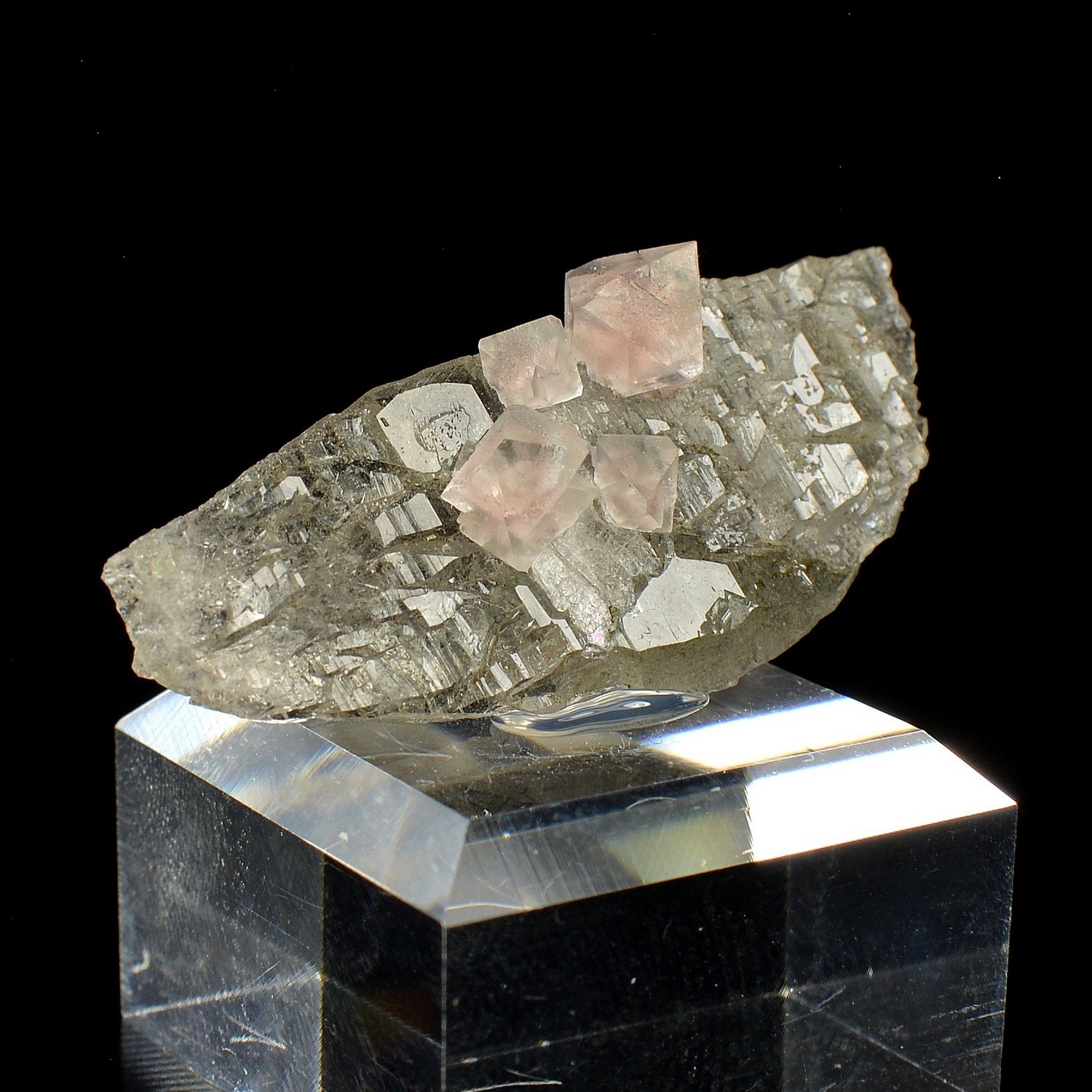 Pink Fluorite on Quartz - Aiguille du Moine, Mont Blanc Massif, Haute-Savoie, France