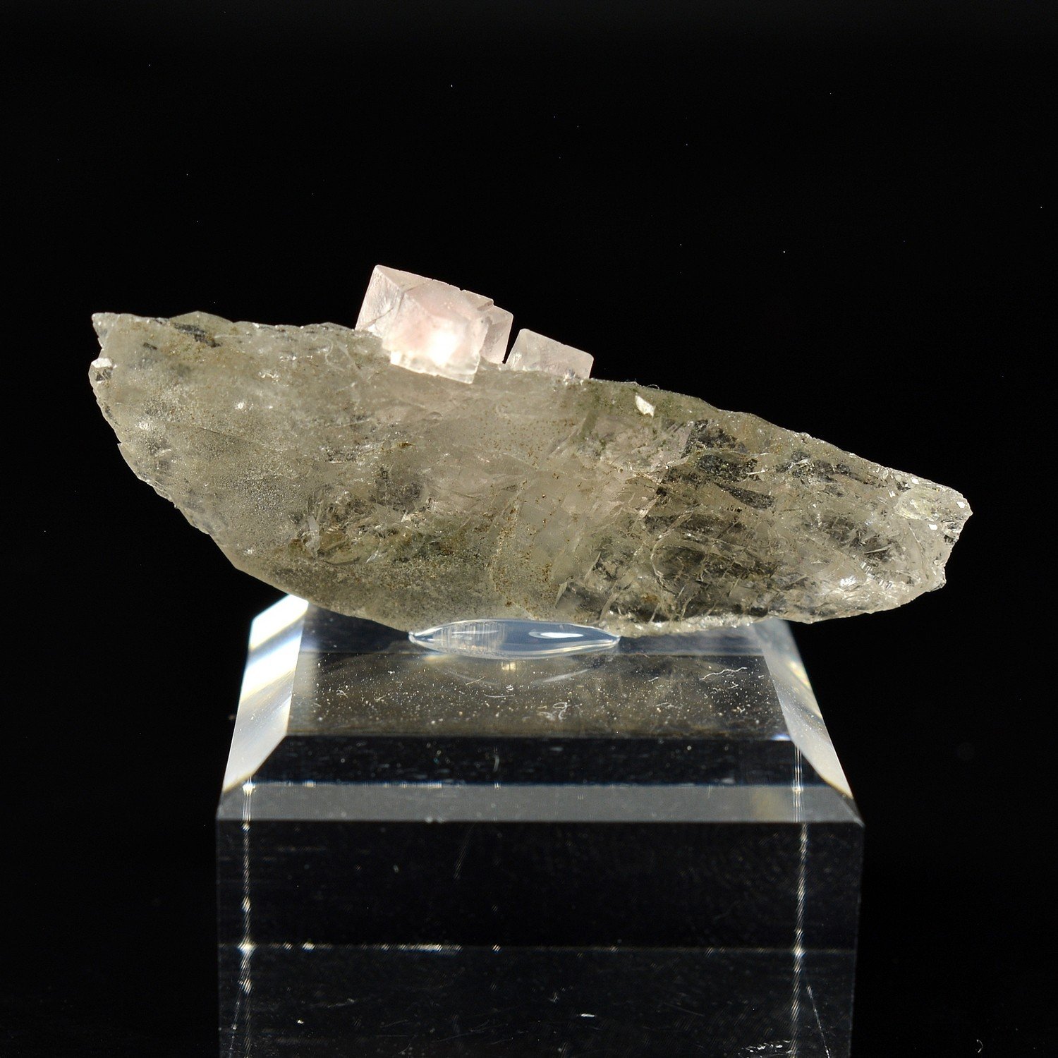 Pink Fluorite on Quartz - Aiguille du Moine, Mont Blanc Massif, Haute-Savoie, France