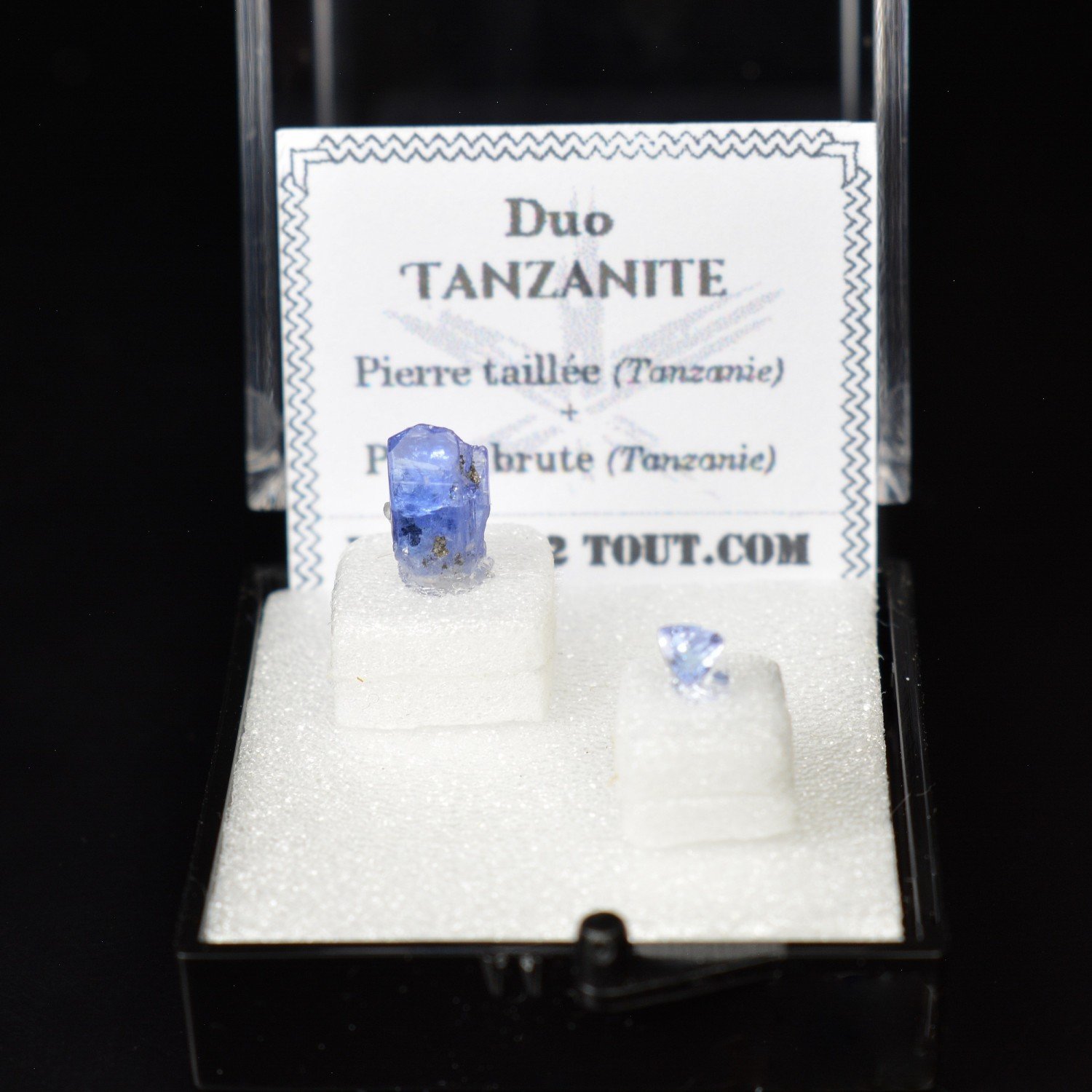 TANZANITE – DUO: natural crystal and cut gemstone