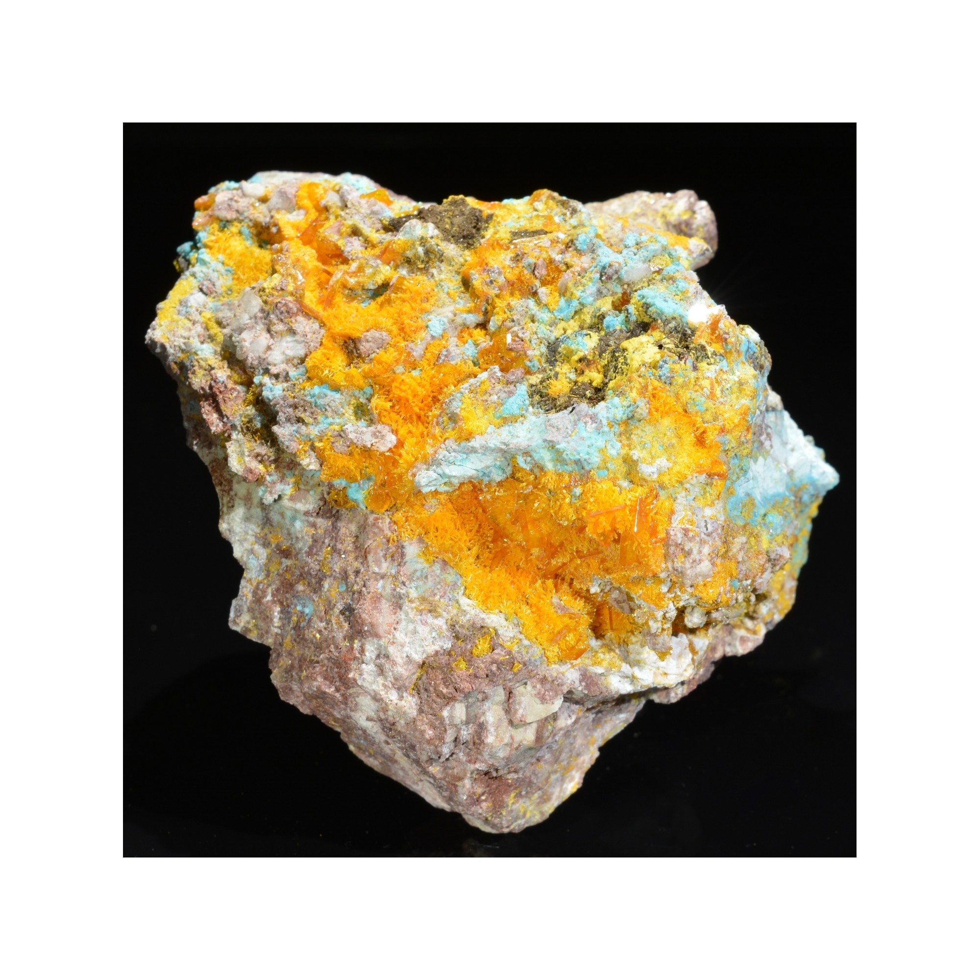 Wulfénite, mimétite et chrysocolle - Mine Rawley, Arizona, Etats-Unis