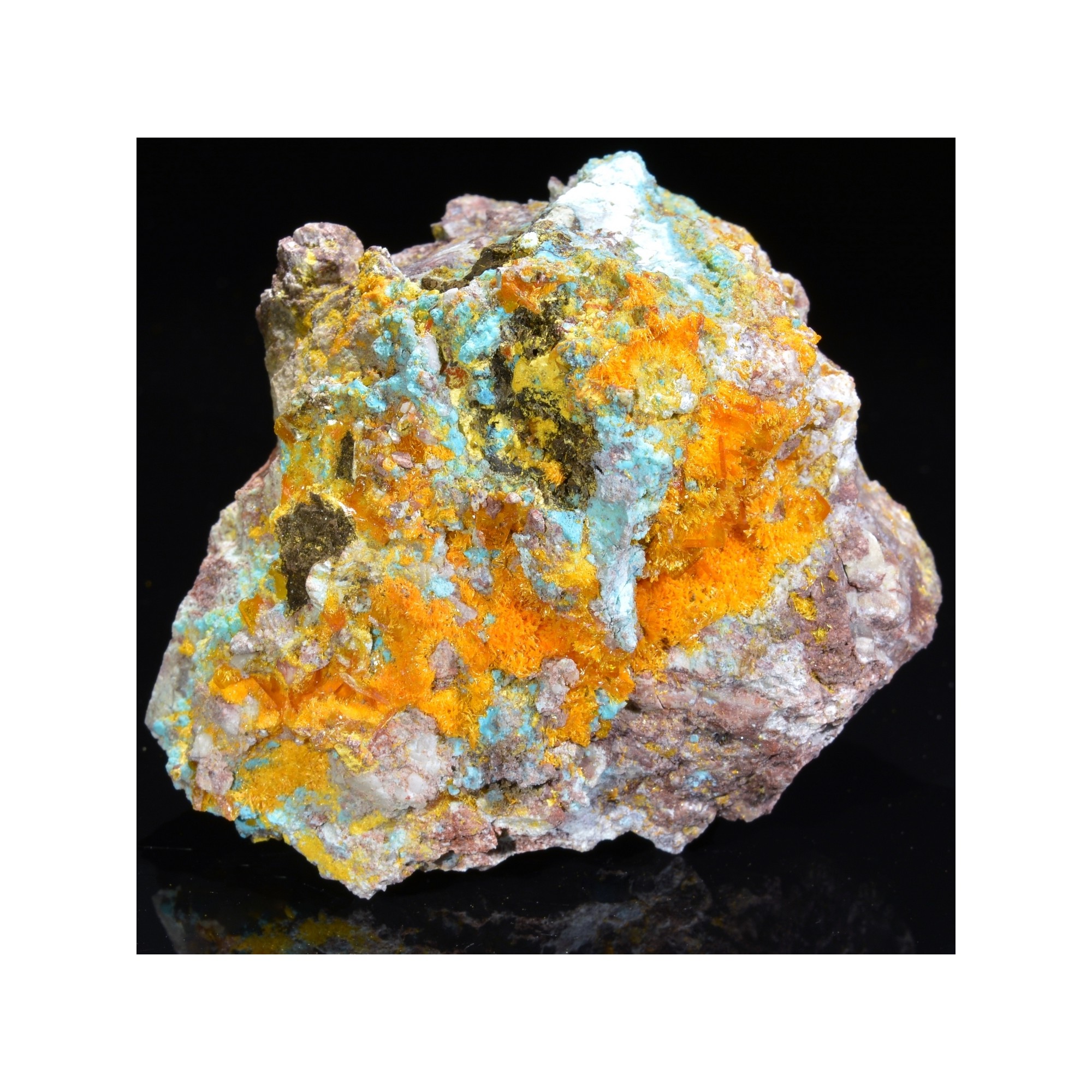 Wulfénite, mimétite et chrysocolle - Mine Rawley, Arizona, Etats-Unis