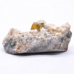 Scheelite and calcite on muscovite - Xuebaoding Mts, Pingwu, Sichuan Prov., China