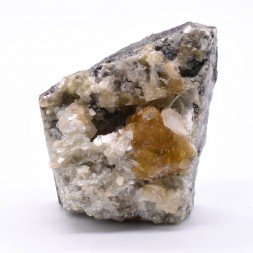 Scheelite and calcite on muscovite - Xuebaoding Mts, Pingwu, Sichuan Prov., China