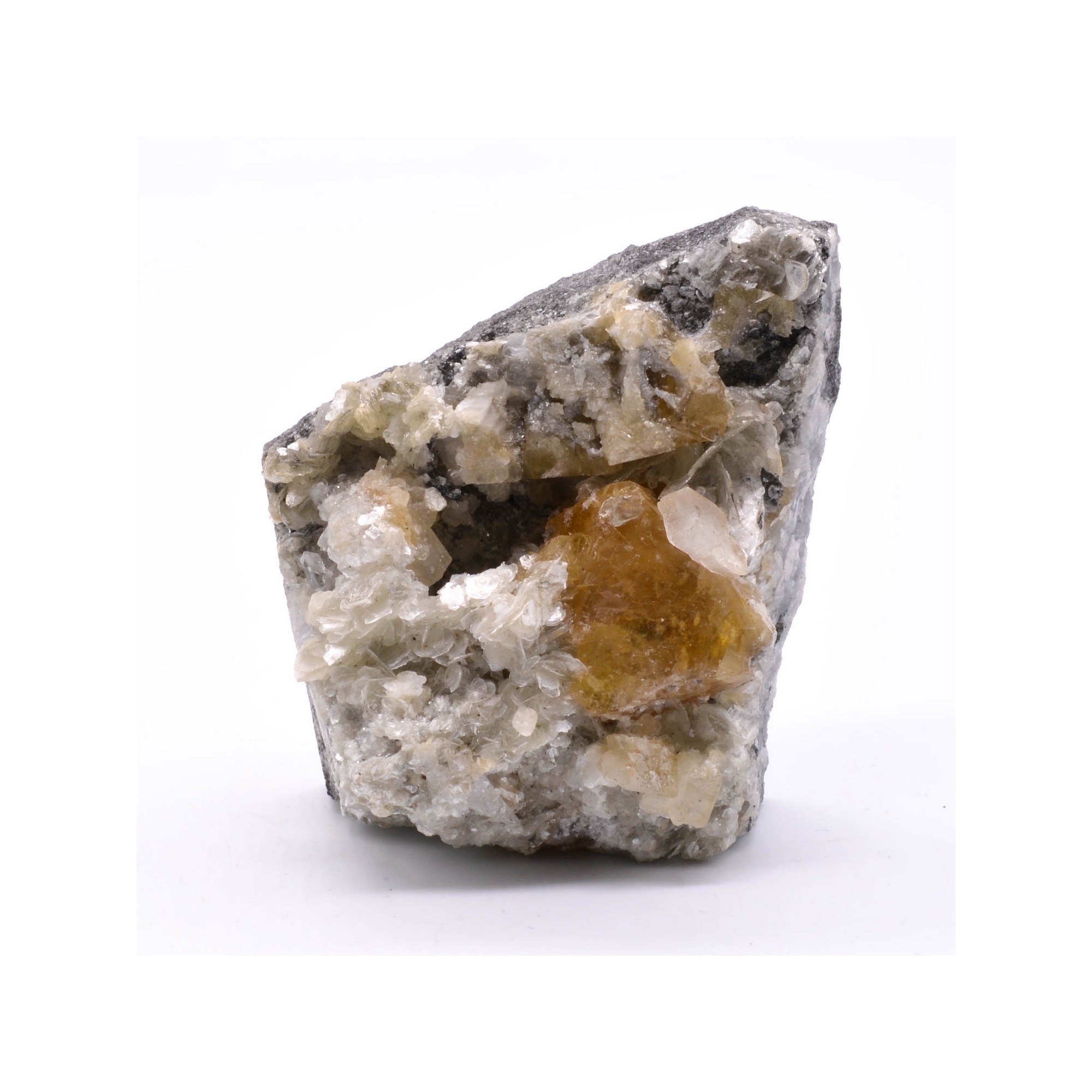 Scheelite and calcite on muscovite - Xuebaoding Mts, Pingwu, Sichuan Prov., China