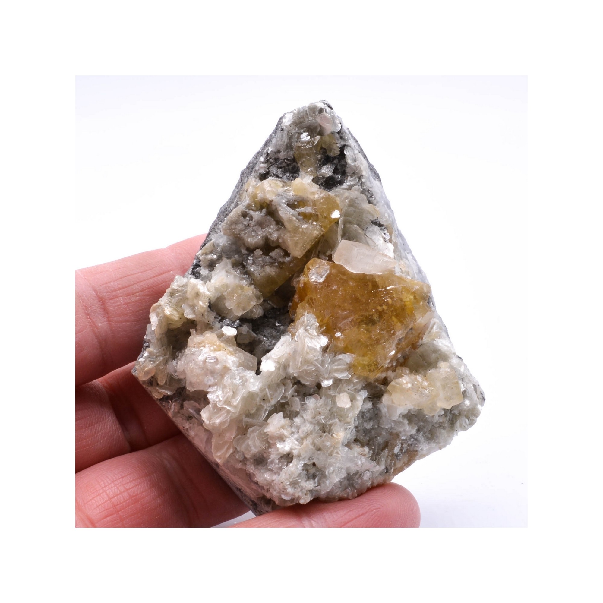 Scheelite et calcite sur muscovite - Monts Xuebaoding, Pingwu, Province du Sichuan, Chine