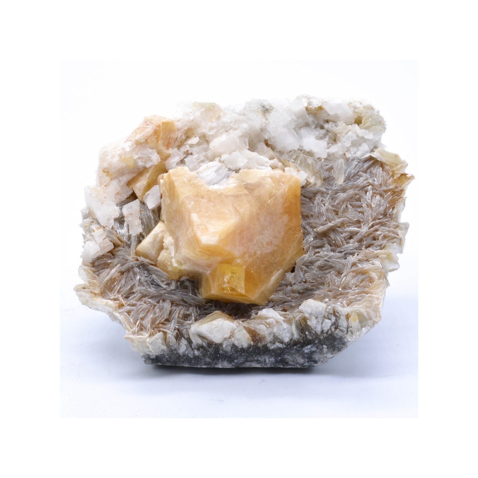 Scheelite and calcite on muscovite - Xuebaoding Mts, Pingwu, Sichuan Prov., China
