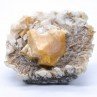 Scheelite and calcite on muscovite - Xuebaoding Mts, Pingwu, Sichuan Prov., China