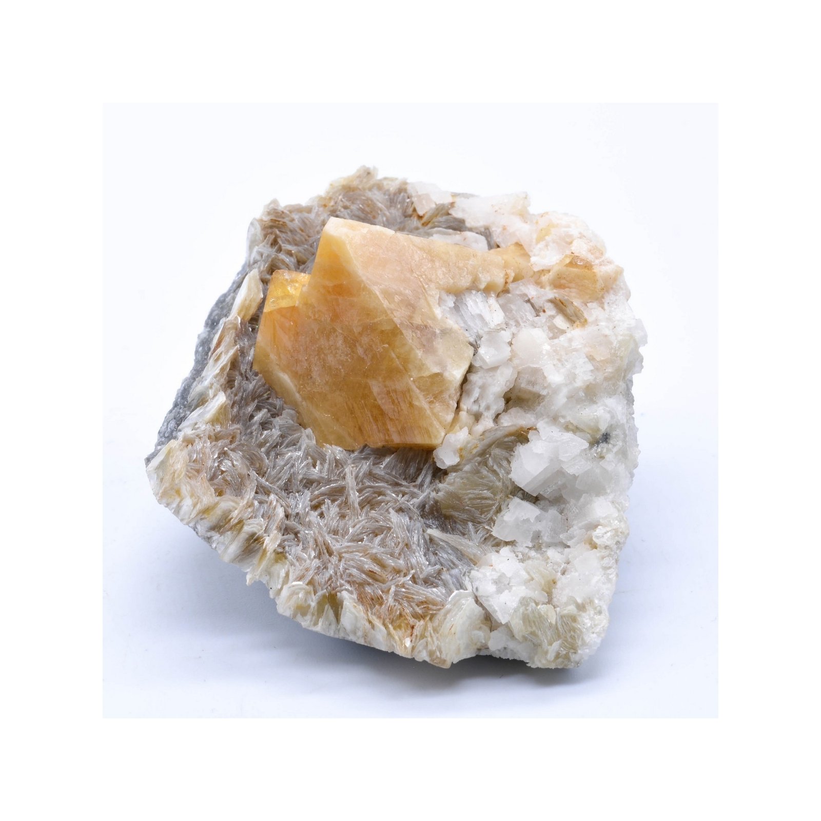 Scheelite and calcite on muscovite - Xuebaoding Mts, Pingwu, Sichuan Prov., China