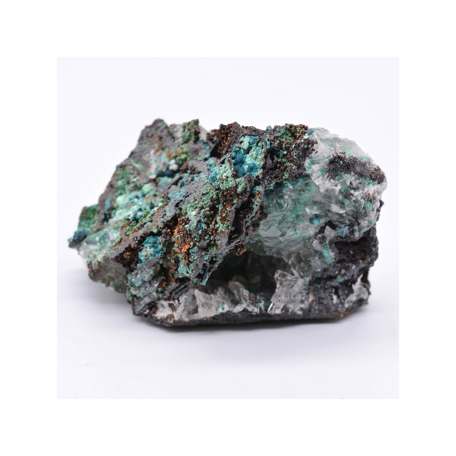 Rosasite, conichalcite, calcite - Ojuela mine, Mapimi, Durango, Mexico