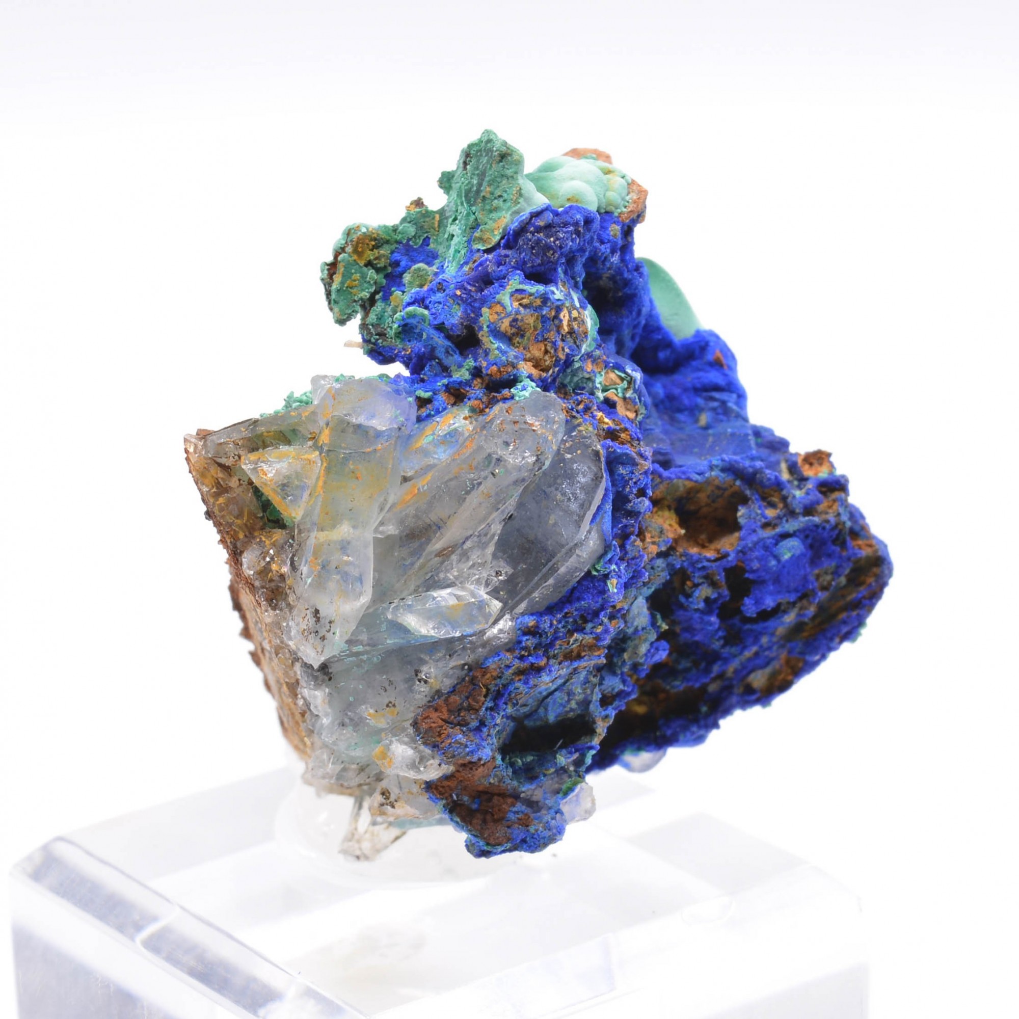 Azurite sur tétraèdrite, malachite et quartz - Mine à Giraud (La Gardette), Isère, France