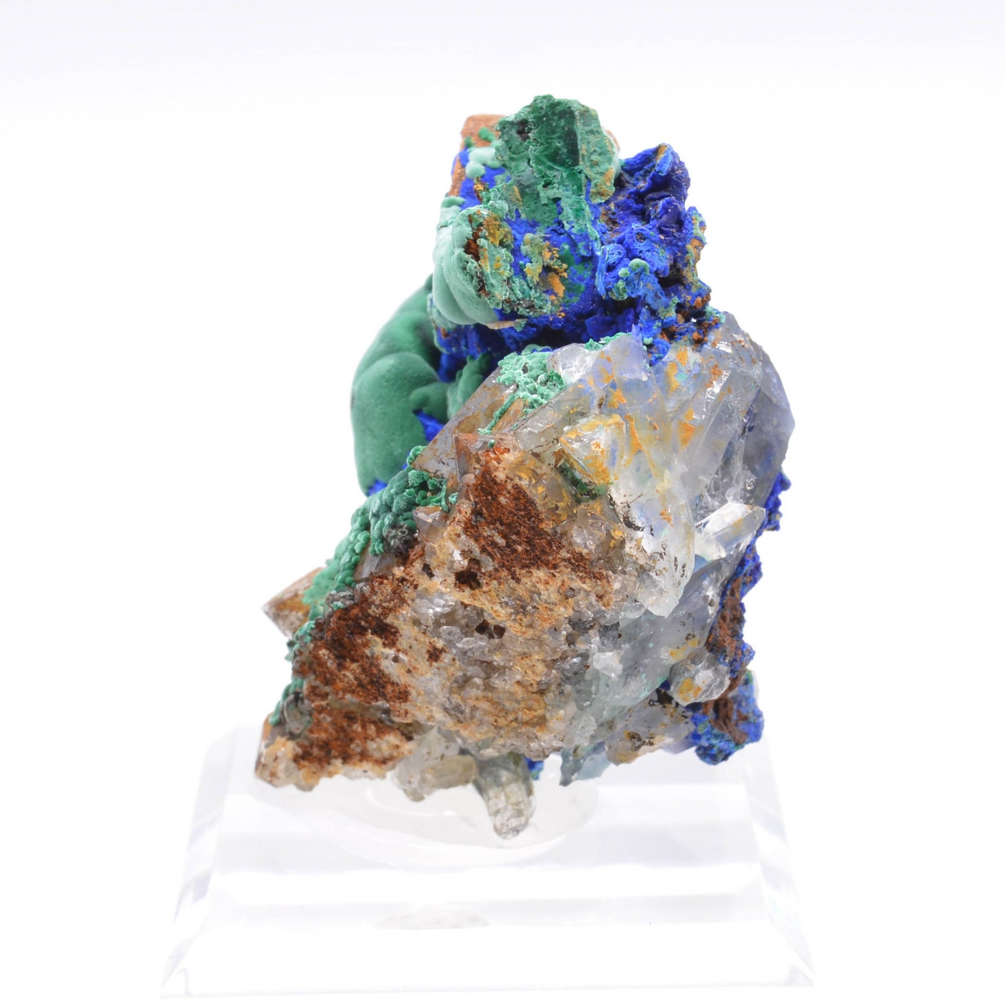 Azurite sur tétraèdrite, malachite et quartz - Mine à Giraud (La Gardette), Isère, France