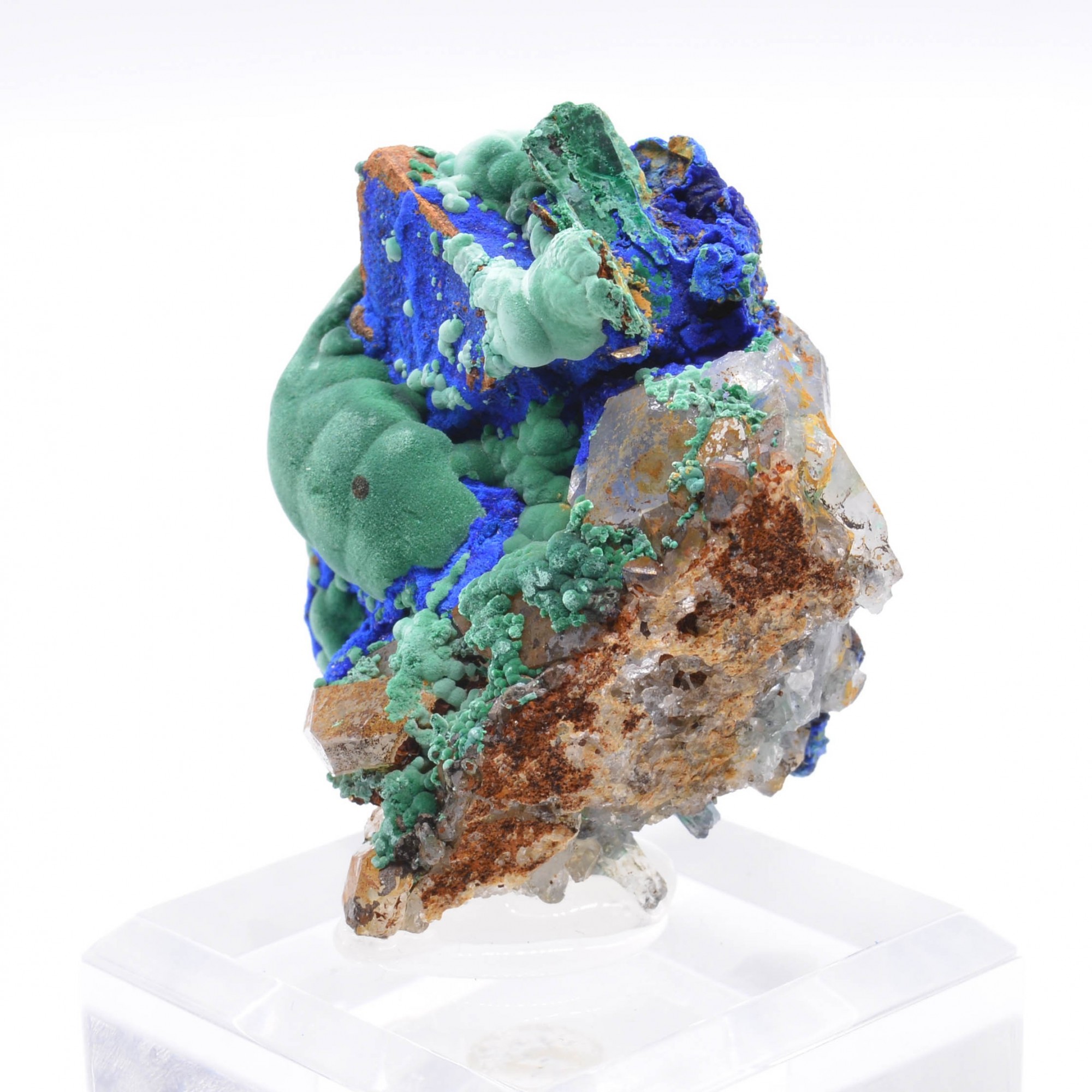 Azurite sur tétraèdrite, malachite et quartz - Mine à Giraud (La Gardette), Isère, France