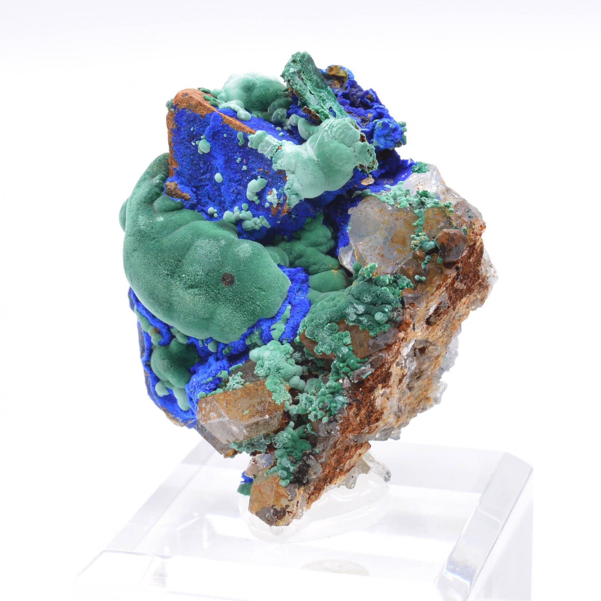 Azurite sur tétraèdrite, malachite et quartz - Mine à Giraud (La Gardette), Isère, France